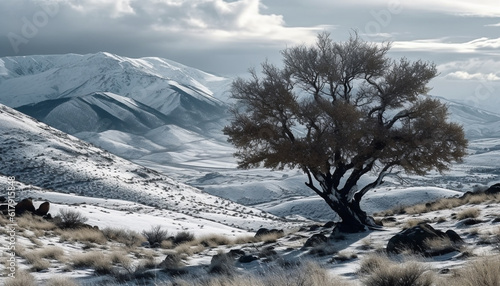 Tranquil winter landscape majestic mountain range, frozen meadow, tranquil solitude generated by AI