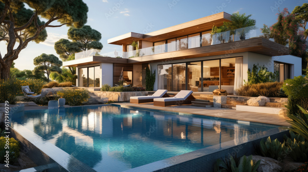 Modern villa with swimming pool. Generative AI