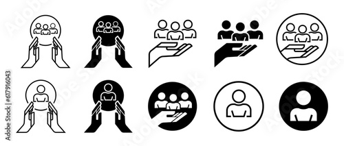 Inclusive workplace icon set collection. User sign. Hand with group of people vector symbol. Black and white outlined employee help or care icon. Team Support or work of business head illustration