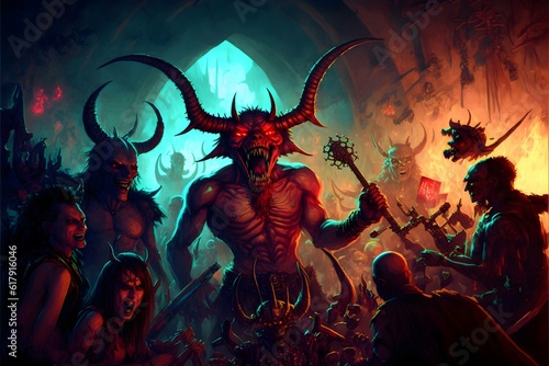 evil demons and strange aliens and monsters having a wild party in hell 