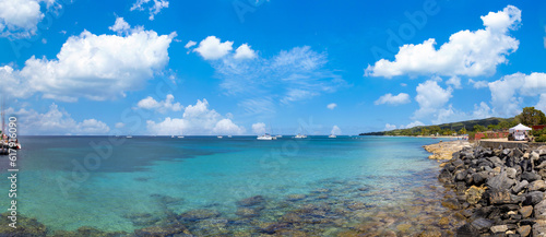 Panoramic skyline view of Saint Croix Frederiksted US Virgin Islands on Caribbean vacation.
