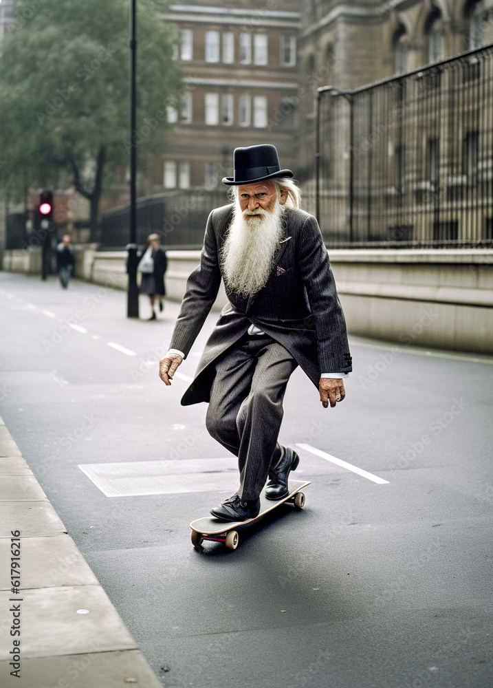 Obraz premium Hasidic Jewish Elder Skateboarding - generative ai