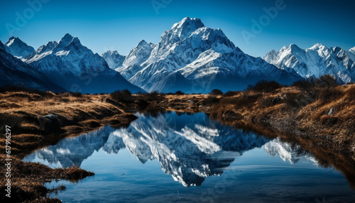 Majestic mountain peak reflects in tranquil blue water below generated by AI
