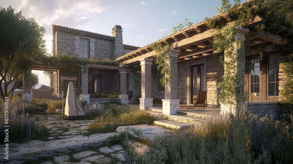 3D render greece ancient concept, Home and Garden Embracing the Timeless Elegance and, Creating a Harmonious Fusion of Indoor and Outdoor Spaces