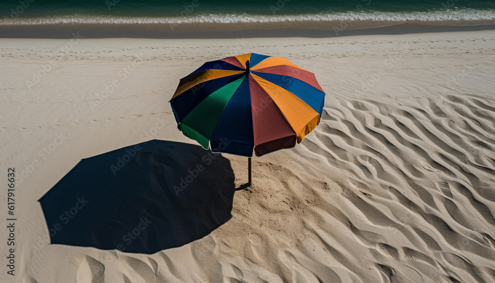 Yellow beach umbrella shades relaxation on idyllic sandy coastline generated by AI