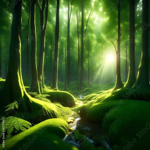 A lush, green forest with sunlight filtering through the trees photo