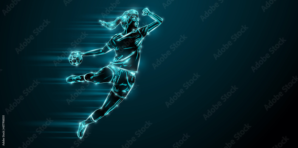 Abstract silhouette of a handball player on black background. Handball player woman are throws the ball.