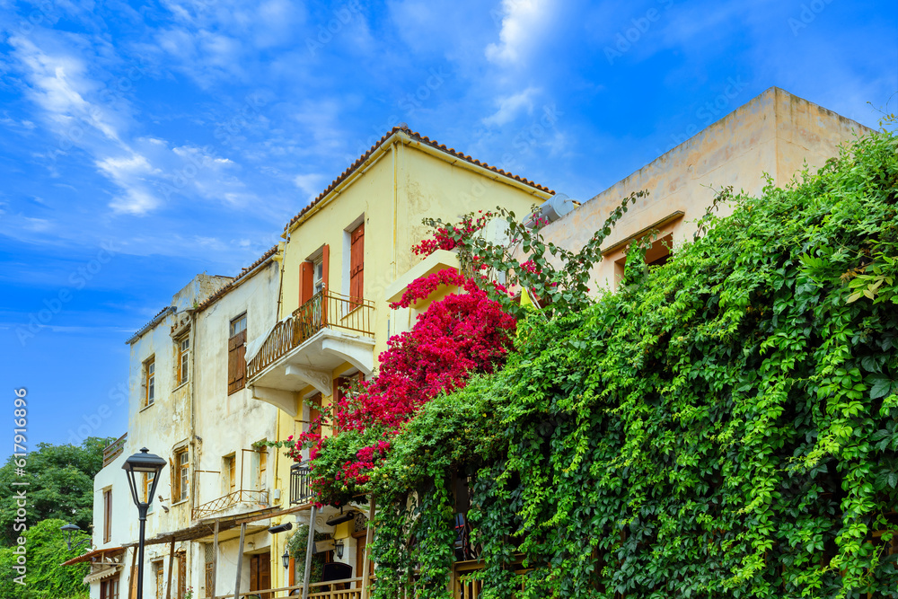Greece travel destination, colorful streets of Crete island city Chania in historic city center.