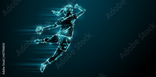 Abstract silhouette of a handball player on black background. Handball player woman are throws the ball. © Yevheniia