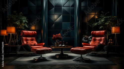 Elegant dark interior with bright red armchairs, 3d render. Created with generative AI. © Muzaffer Stock