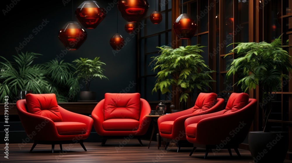 Obraz premium Elegant dark interior with bright red armchairs, 3d render. Created with generative AI.
