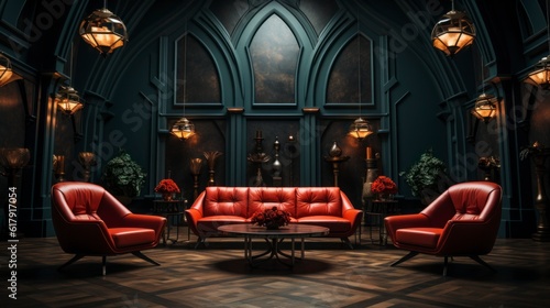 Elegant dark interior with bright red armchairs, 3d render. Created with generative AI.