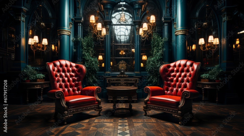 Elegant dark interior with bright red armchairs, 3d render. Created with generative AI.