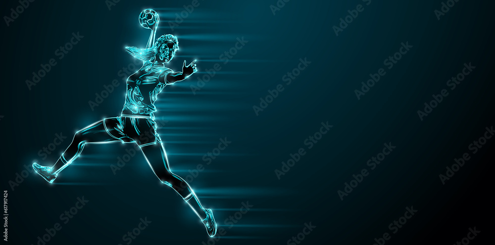 Abstract silhouette of a handball player on black background. Handball player woman are throws the ball.