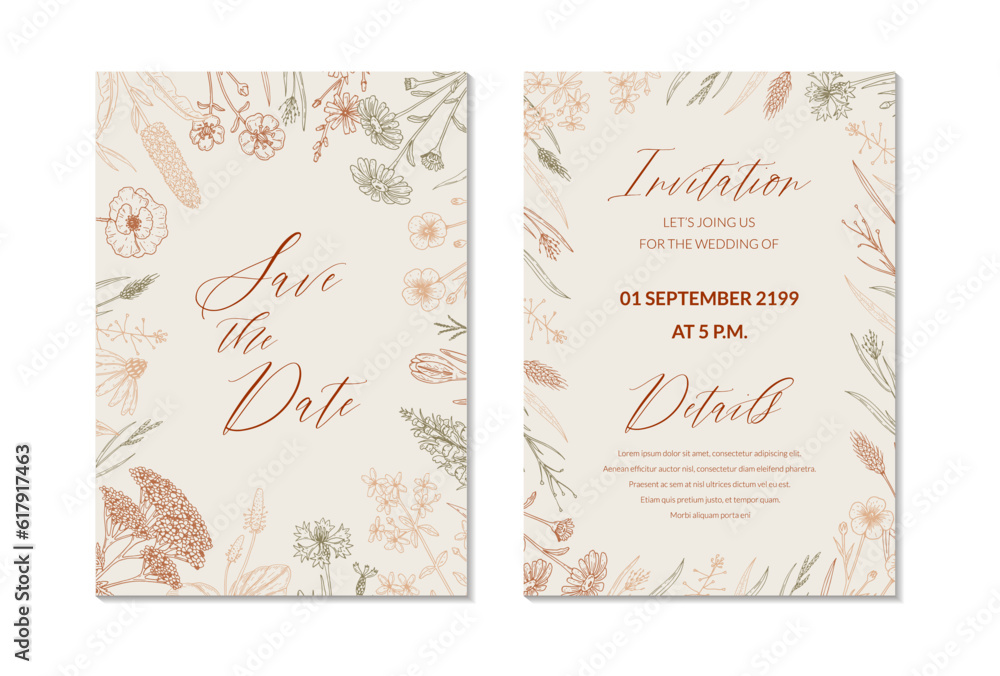 Two side wedding invitation with hand drawn summer herbs. Vertical wildflowers design. Vector illustration in sketch style. Meadow flowers aesthetic background