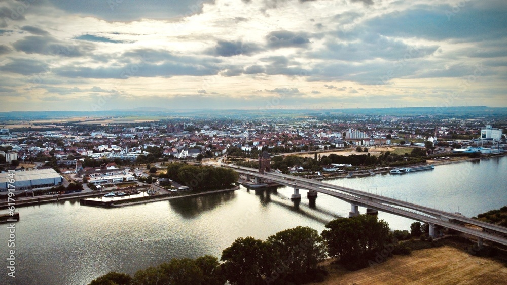 Aerial view of the city of Worms with the Rhine in the foreground