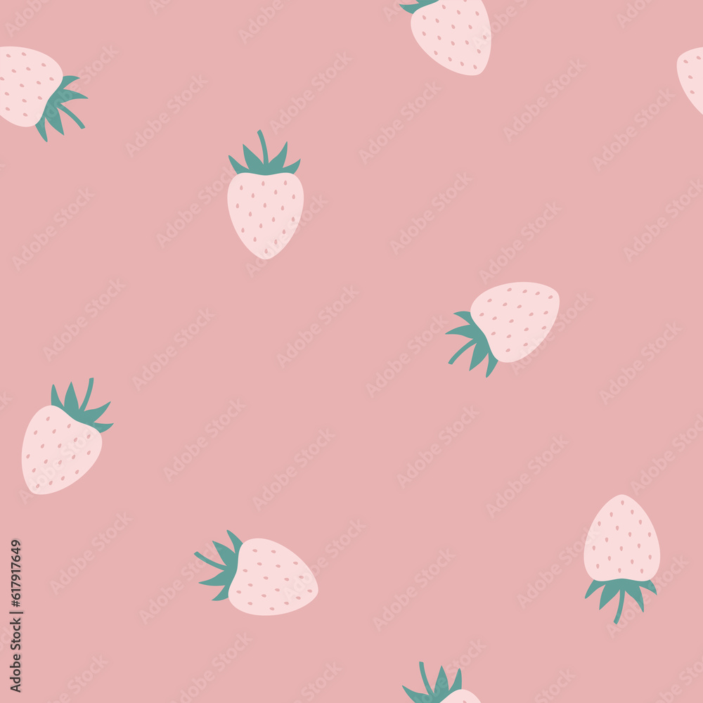 Fototapeta premium Różowe truskawki na jasnym tle. Dekoracyjny letni wzór wektorowy. Słodkie, soczyste owoce.
