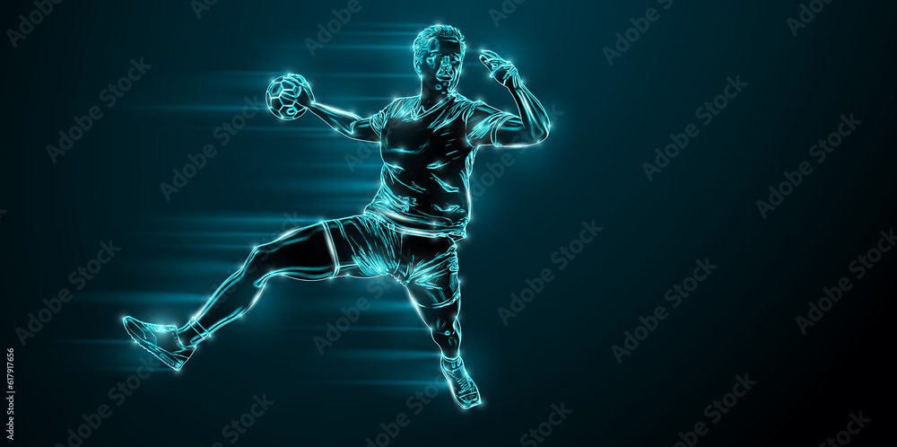 Fototapeta premium Abstract silhouette of a handball player on black background. Handball player man are throws the ball.