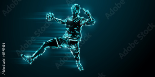 Abstract silhouette of a handball player on black background. Handball player man are throws the ball.