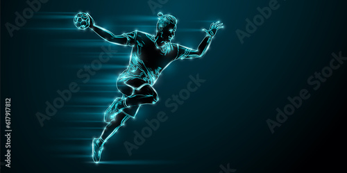 Abstract silhouette of a handball player on black background. Handball player man are throws the ball. © Yevheniia
