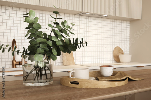 Close up view kitchen room interior with sink  oven and plant. Modern minimalist design. 3d rendering illustration.