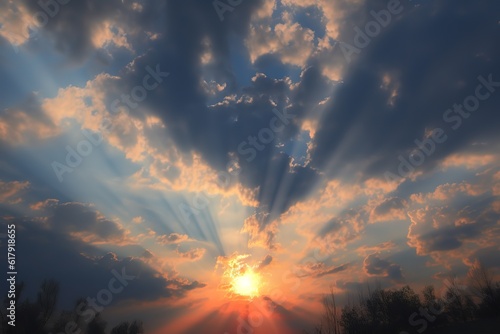 sun rays coming down through a cloudy sky, sunbeams through the clouds. AI Generated
