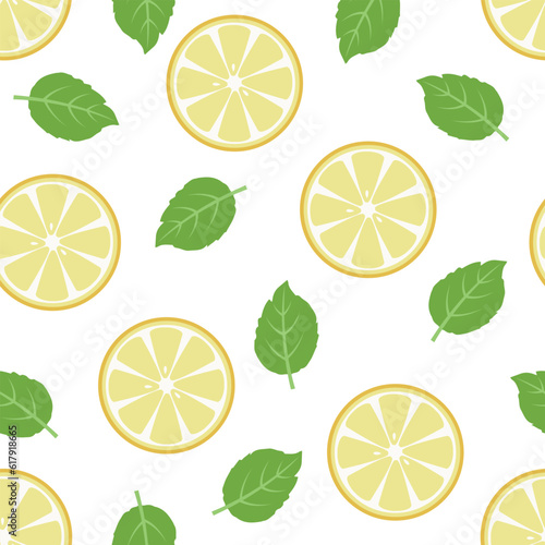 Seamless pattern of slices of lemon and mint