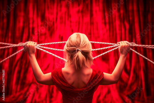 Femme tenant des cordes devant un rideau rouge - Générative IA photo