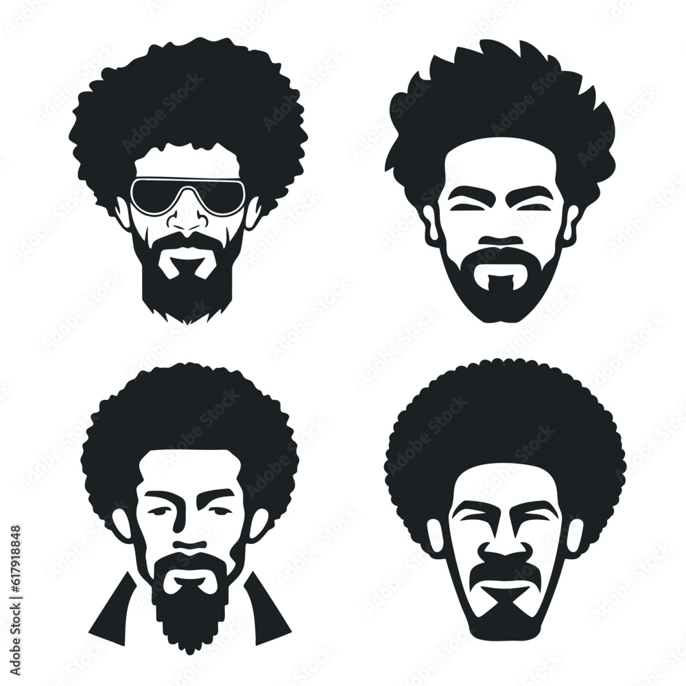African Men Vector, Afro Men, Black Man Vector, African American Black African American afro male face, curls hair style Black men Silhouettes