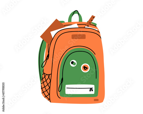 Hand drawn cute illustration of school classic backpack. Flat vector college bag with stationery in colored doodle style. Education or study sticker, icon. Back to school. Isolated on white background