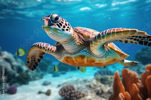 close up of a Turtle underwater. Generative AI © Simone