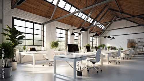 Loft style open space eco-office in a modern urban building. Ceiling with beams, large tables with chairs, desktop computers, plants in floor pots, panoramic windows with nature view. 3D rendering.