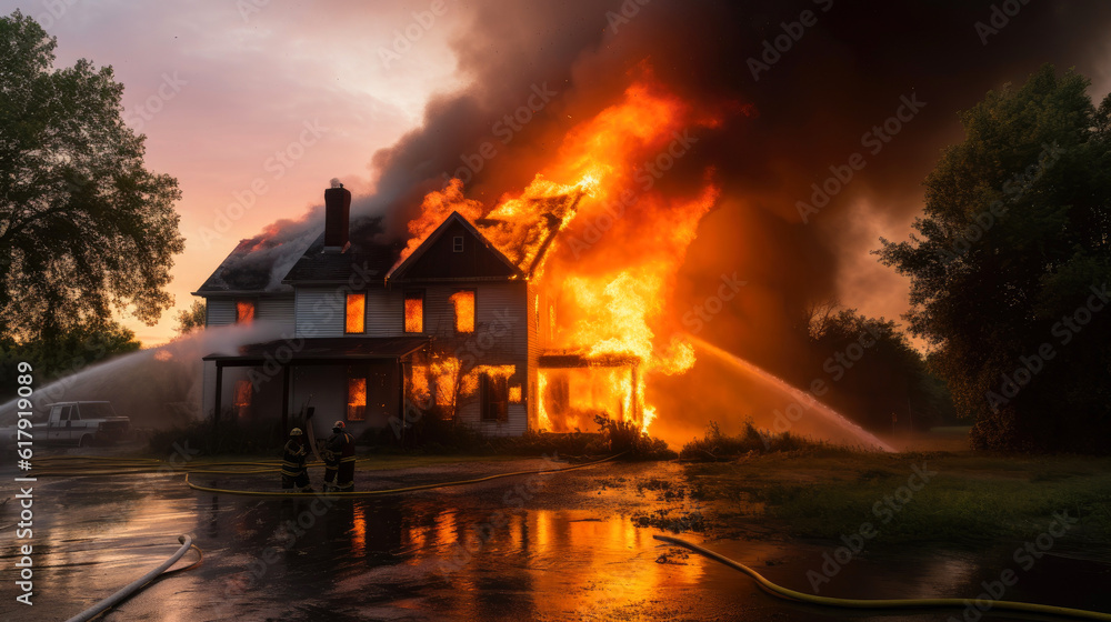 FireFighters Putting Out A House Fire. Generative AI