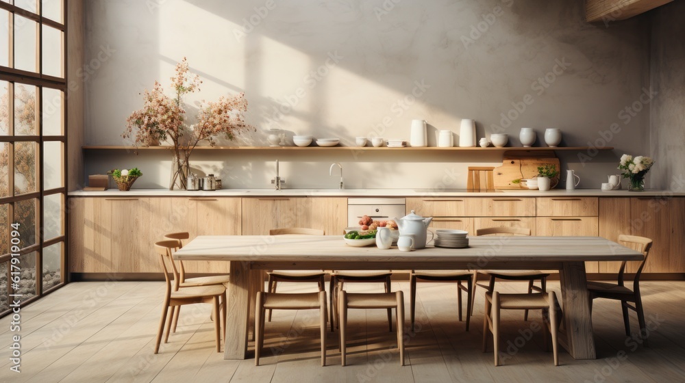 Scandinavian kitchen interior, wall mock up, 3d render.  Created with generative AI.