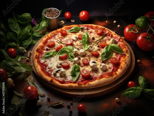 Fresh Homemade Italian Pizza with salami, buffalo mozzarella and basil.