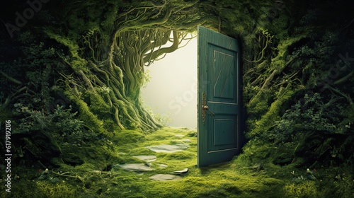 Obraz na płótnie generative ai illustration of a green door in a magic forest to an unknown world