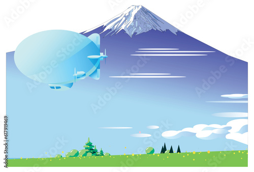 富士山を背景に飛行船が野原を飛んでいる夏の風景