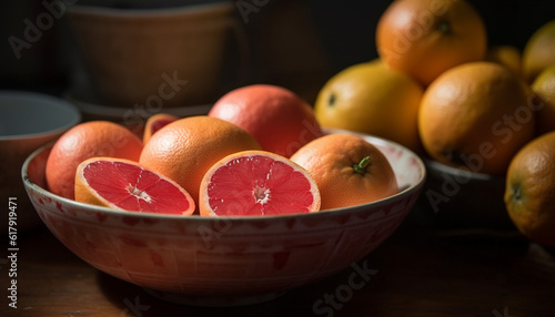 Fresh organic citrus fruit bowl on rustic wooden table indoors generated by AI