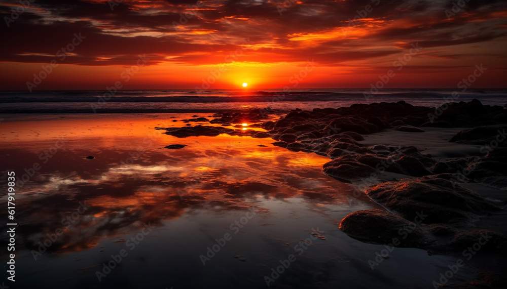 Tranquil sunset over the blue waters, a heavenly summer scene generated by AI Tranquil sunset over the blue waters, a heavenly summer scene generated by AI