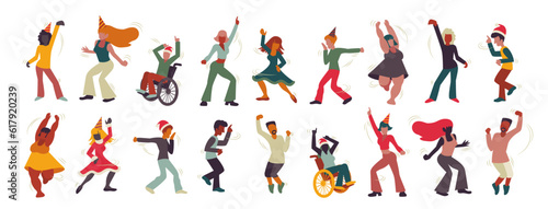 Dancing people for New year Eve. Vector illustrations isolated on a white background. Inclusive silhouettes of young and old people dancing and having fun.