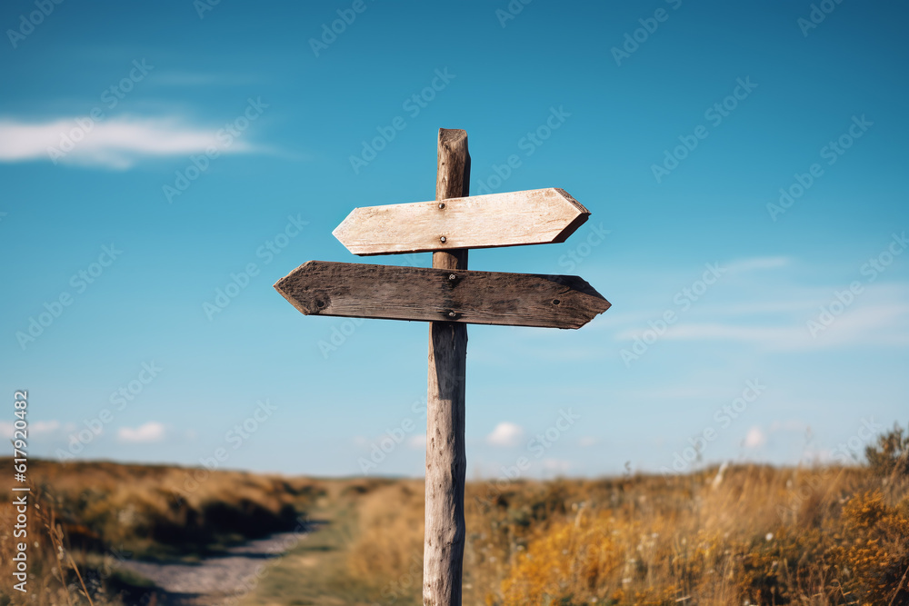 Signpost on the mountain trail. Blue sunny sky in the background. Generative AI Signpost on the mountain trail. Blue sunny sky in the background. Generative AI