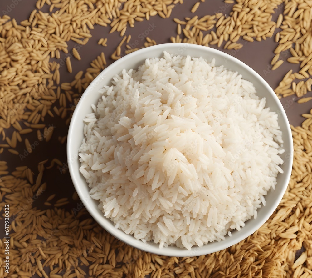 A bowl of rice surrounded by scattered grains. Generative AI. A bowl of rice surrounded by scattered grains. Generative AI.