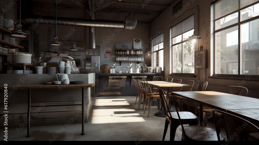 Interior of a modern loft style coffee shop. Concrete walls with open shelves, wooden bar counter and tables, pendant lamps, large panoramic windows with city view. Modern hipster lifestyle concept.