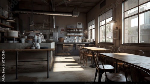 Interior of a modern loft style coffee shop. Concrete walls with open shelves, wooden bar counter and tables, pendant lamps, large panoramic windows with city view. Modern hipster lifestyle concept.