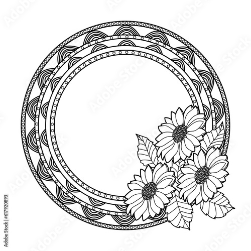 Vector illustration of a mandala frame with sunflowers for coloring book
