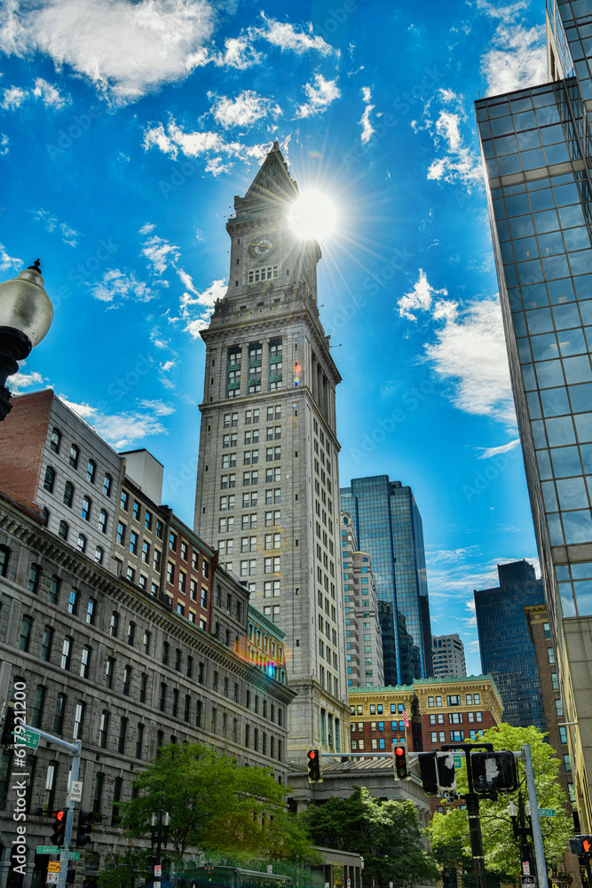 Beautiful city and architecture of Boston. On a sunny day, reflections in the windows of skyscrapers