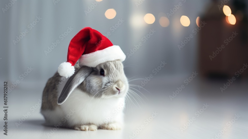 Fototapeta premium Furry Festivity: Rabbit in a Santa Hat Joins in the Seasonal Merriment