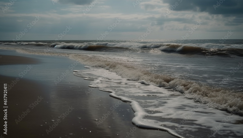 Tranquil seascape at dusk, waves breaking on sandy shore generated by AI