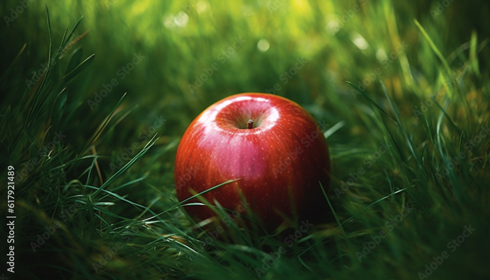 Ripe apple on green grass in fresh meadow, healthy eating generated by AI