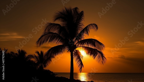 Silhouette of palm tree against orange and yellow sunset sky generated by AI
